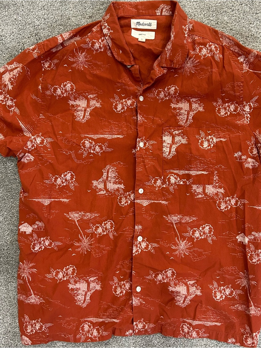 Madewell Men's Burnt Orange Tropical Print Short Sleeve Button-Up